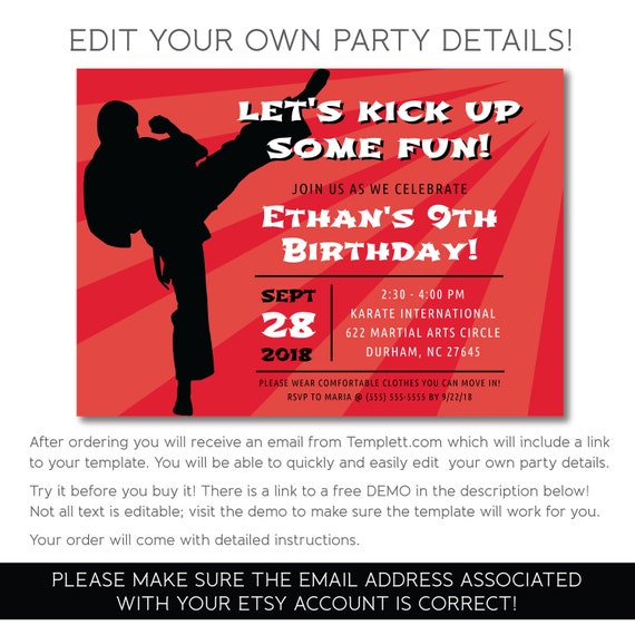 karate tae kwon do martial art party invitation instant etsy