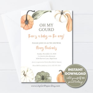 Editable Fall Baby Shower Invitation, Oh My Gourd, Watercolor Pumpkins, Mom-to-be Shower, EDITABLE INSTANT DOWNLOAD! Print, Email/Text, 0256