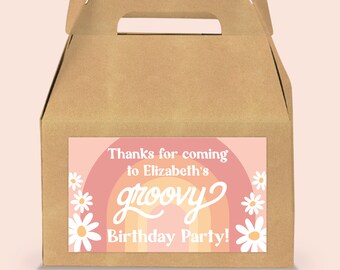 Editable Groovy Girl's Birthday Gable Box Label, Party Favor INSTANT DOWNLOAD! 70s theme, Daisies, Boho Printable Party Favor Box, 0339 0888