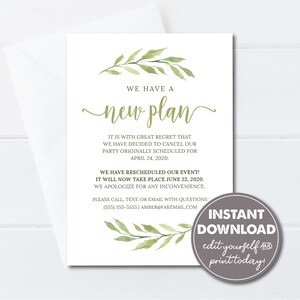 Editable New Event Plan Card Template, Postponed, Rescheduled Notice, INSTANT DOWNLOAD, Edit, Download and Email or Print Today!