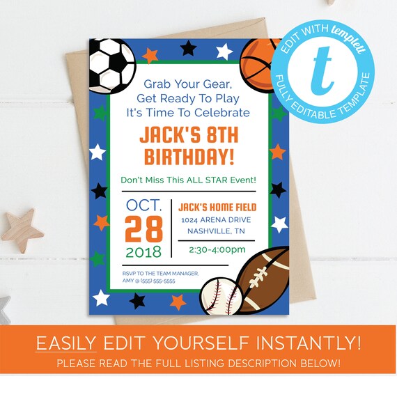 Sports Birthday Invitation, Instant Download, Printable File, Editable, Digital, Edit with Templett, Basketball, Football, Soccer, Baseball Il_570xn