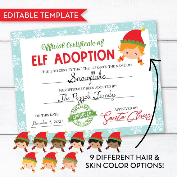 Editable Girl Elf Adoption Certificate, Personalized Christmas Elf Letter, INSTANT DOWNLOAD, Printable Certificate, Edit Yourself! 0308 0310 Il_570xn