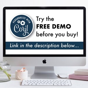 Puede incluir: Una pantalla de ordenador que muestra un logotipo azul y blanco con el texto "PERSONALIZE WITH Coril" y el texto "Try the FREE DEMO before you buy! Link in the description below..."