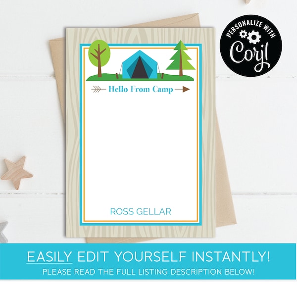 Editable, Personalized Summer Camp Note Cards, Overnight Camp Stationery, INSTANT DOWNLOAD!