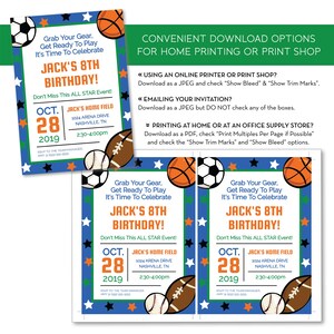 Pu&ograve; includere: Un invito di compleanno blu e verde a tema sportivo. L'invito presenta una pallacanestro, una palla da baseball, un pallone da calcio e un pallone da football americano. Il testo dell'invito recita "Jack's 8th Birthday!" e include la data e l'ora dell'evento. RSVP al responsabile della squadra al 555 666 5865.