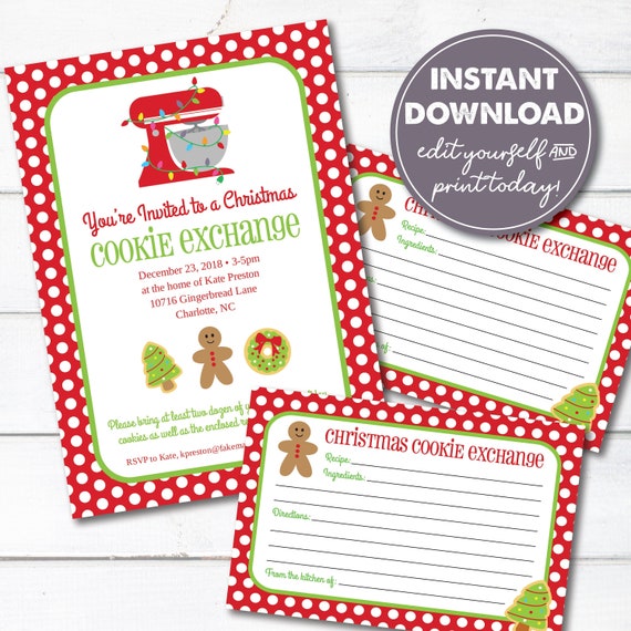 Editable Cookie Exchange Christmas Party Invitation And Recipe Etsy