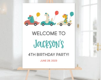 Editable Dinosaur Racers Birthday Party Welcome Sign Template, 16x20, Dino Party, Race Car, INSTANT DOWNLOAD! Printable Guest Greeting, 0223
