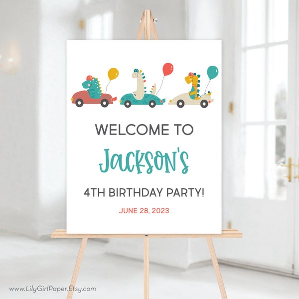 Editable Dinosaur Racers Birthday Party Welcome Sign Template, 16x20, Dino Party, Race Car, INSTANT DOWNLOAD! Printable Guest Greeting, 0223