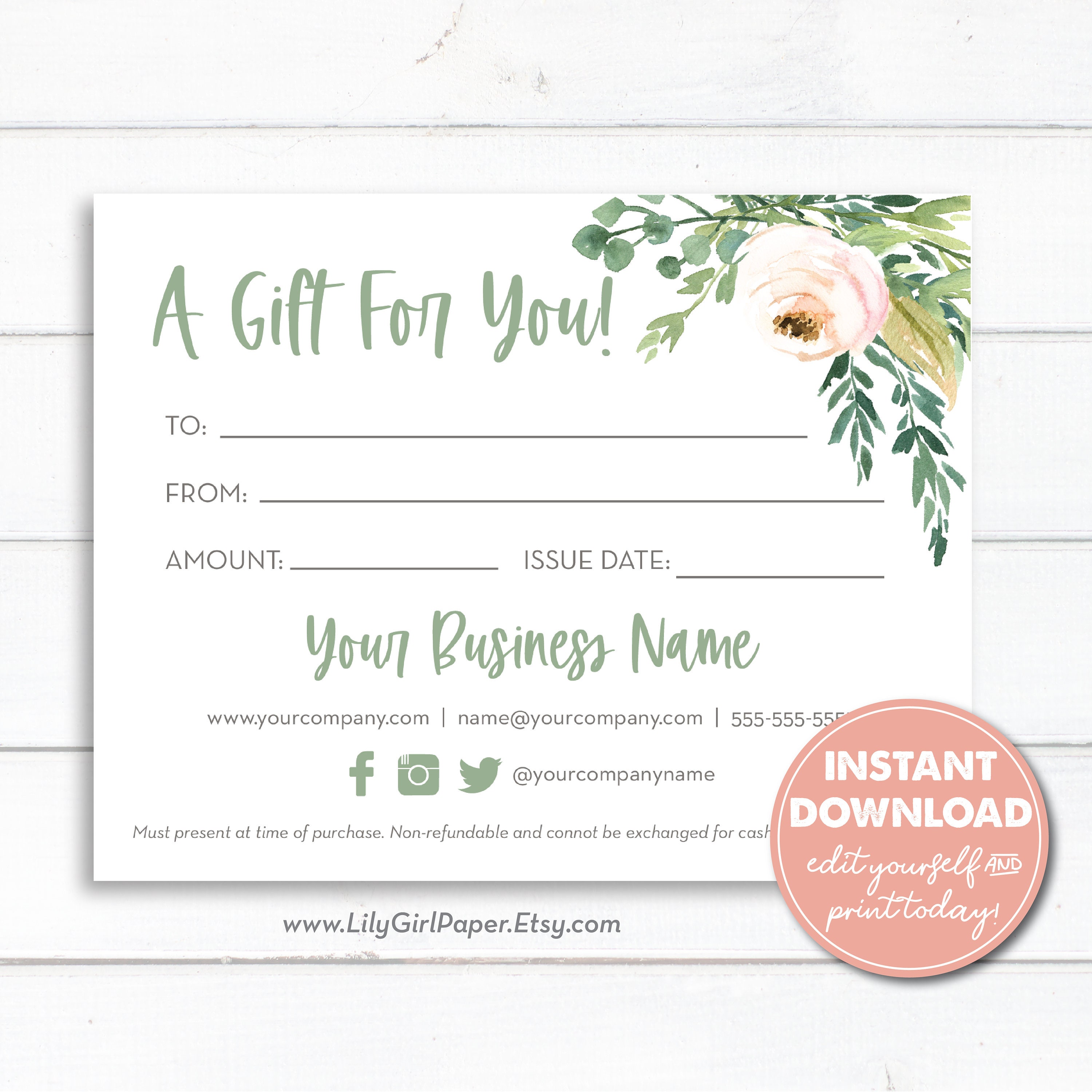 Editable Business Gift Certificate Template Instant Download  Etsy For Printable Gift Certificates Templates Free