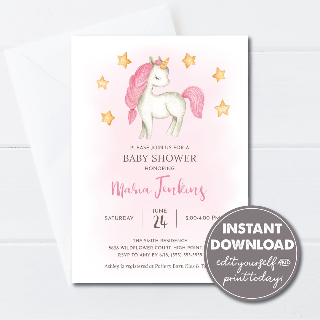 Editable Unicorn Baby Shower Invitation INSTANT DOWNLOAD Etsy