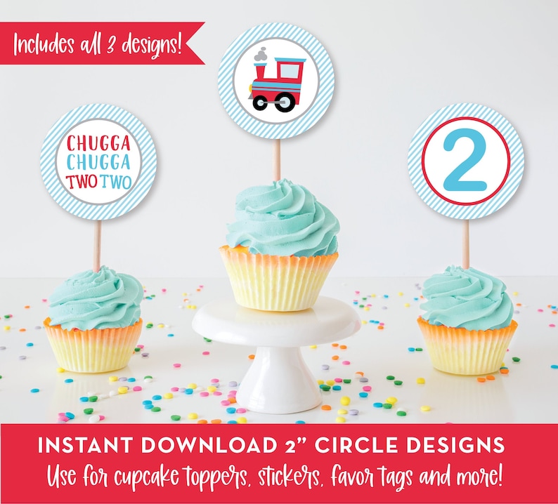 DIGITAL Chugga Chugga Two Two Train Birthday Cupcake Toppers, Stickers, Party Favors, INSTANT DOWNLOAD, print, cut & assemble! , 0144 image 1