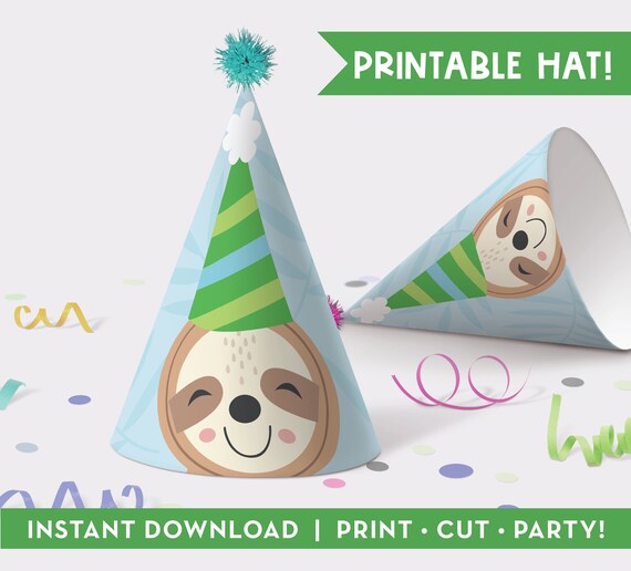 Printable Sloth Birthday Party Hat, Instant Download, Digital File, Little Boy Birthday Party, Party Decor, DIY, Cone Party Hat, 0278 Il_570xn