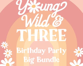 Groovy Young Wild & 3e verjaardagsbundel, Groovy 3e verjaardagsfeestpakket, 8 bewerkbare bestanden en 5 kant-en-klare downloads, bewerkbare Corjl-sjablonen
