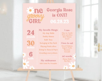 Editable One Groovy Girl Daisy Milestone Birthday Sign Template, 16x20 Poster, 1st Birthday, 70s Theme, Retro Daisy, INSTANT DOWNLOAD! 0291