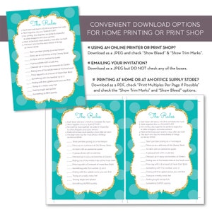 May include: Printable game cards with turquoise background and gold glitter polka dots. The cards have the text "The Rules" and list a set of scavenger hunt rules for a team game. The rules include finding a price tag with a $ amount of more than $5.00, posing with the ugliest purse, trying on a really crazy hat, and testing bright red lipstick.