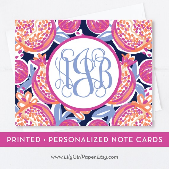 Preppy Monogrammed Folded Note Card, Tropical/Beach Pattern, Printed