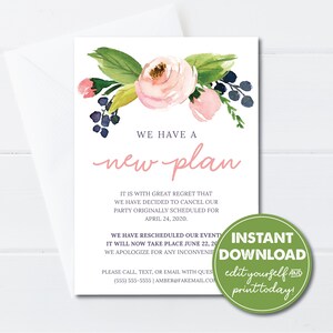 Editable Floral New Event Plan Card Template, Postponed, Rescheduled Notice, INSTANT DOWNLOAD, Edit, Download and Email or Print Today!