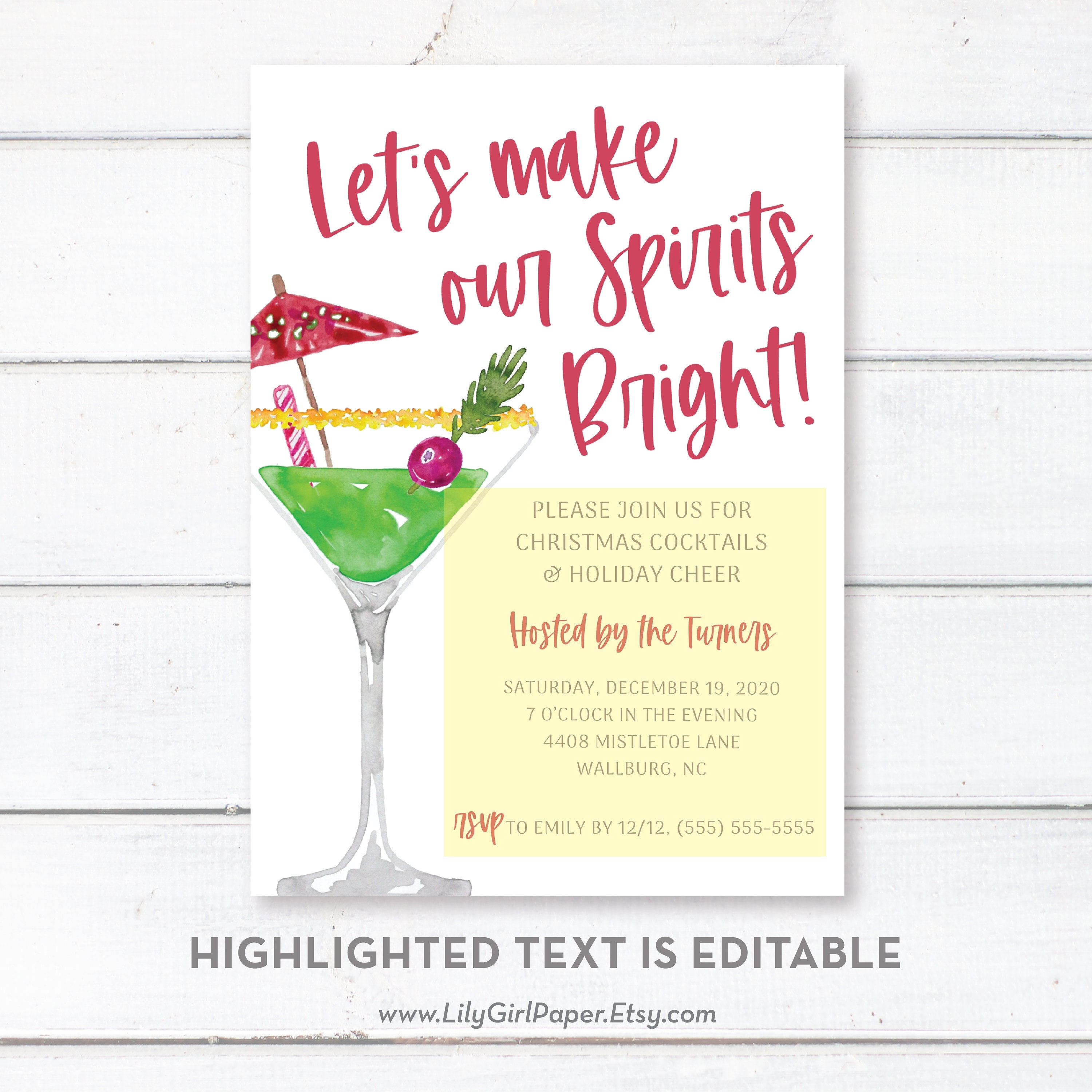 Editable Cocktail Christmas Party Invitation Template Etsy