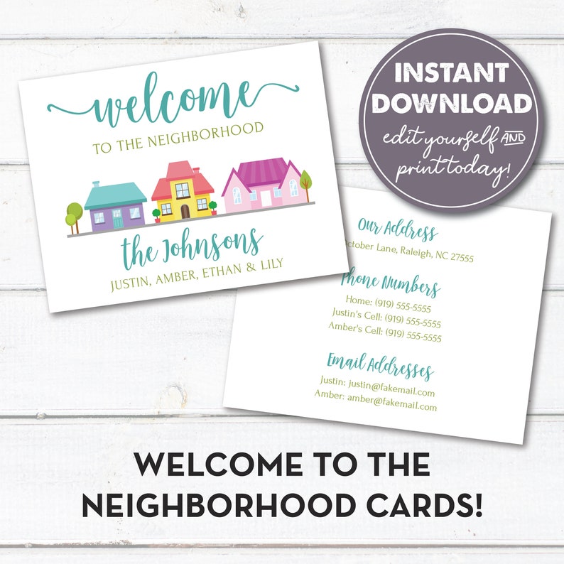 Editable Welcome to the Neighborhood Cards, Instant Download, New Neighbor Welcome Tags, Housewarming Card, Contact Info Card image 1