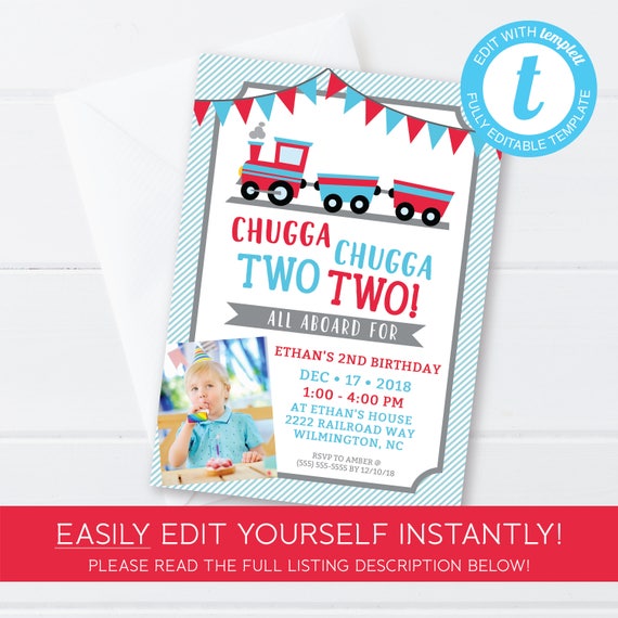 Chugga Chugga Two Two Birthday Invitation, 2nd Birthday, Train Birthday Party, Train Theme Party, Editable, Edit at home with Templett, DIY Il_570xn