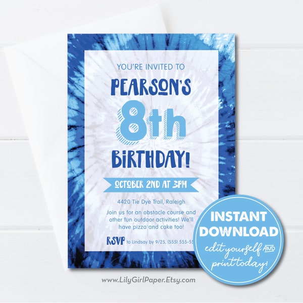 Editable Blue Tie Dye Birthday Party Invitation, INSTANT DOWNLOAD, Boy Birthday, Backyard Party, Tween or Teen Party, Printable, 0290