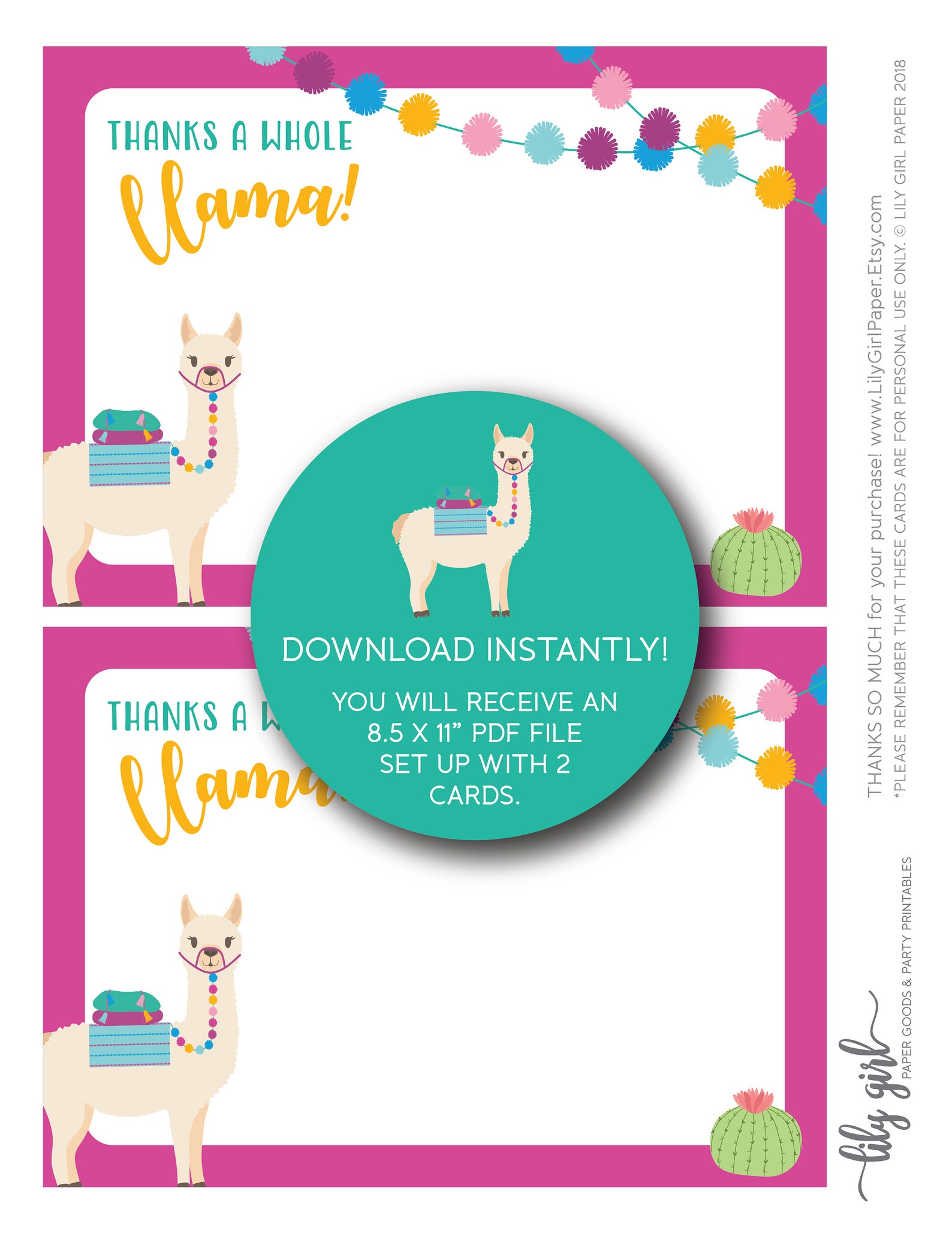 Llama Thank You Card, Instant Download, Printable File, Digital Thank ...