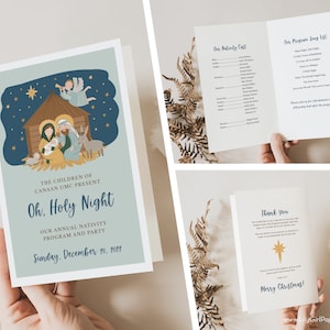 May include: A blue and white Christmas card with a nativity scene illustration. The card reads "The Children of Canaan UMC Present Oh, Holy Night Our Annual Nativity Program and Party Sunday, December 20, 2022".