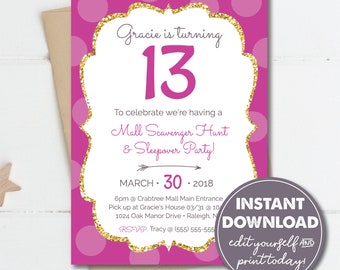 Editable 10th, 11th, 12th, 13th, 14th, 15th Birthday Party Invitation, Tween Teen Birthday, Scavenger Hunt Mall Party, Edit Yourself, 0102