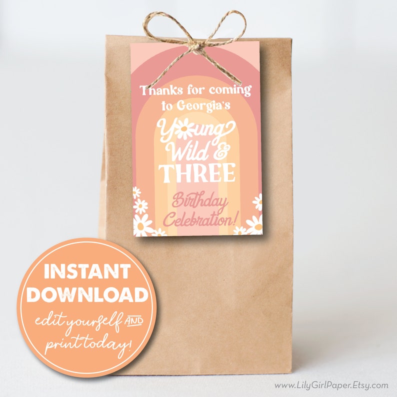 May include: A printable favor tag with a rainbow background and daisies. The text reads "Thanks for coming to Georgia's Young Wild & Three Birthday Celebration!"  The tag is attached to a brown paper bag with a twine bow.