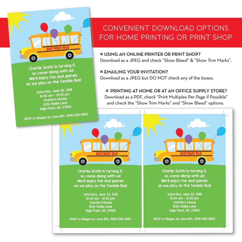Puede incluir: Una invitaci&oacute;n imprimible para una fiesta de cumplea&ntilde;os. La invitaci&oacute;n presenta un autob&uacute;s escolar amarillo con las palabras "Birthday Bus" en el lateral. El texto de la invitaci&oacute;n dice "Charlie Smith cumple 5 a&ntilde;os, &iexcl;ven con nosotros! &iexcl;Disfrutaremos de la diversi&oacute;n y los juegos mientras jugamos en el autob&uacute;s que da vueltas!" La invitaci&oacute;n tambi&eacute;n incluye la fecha, la hora y el lugar de la fiesta.