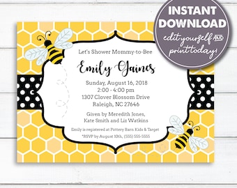 Editable Bumble Bee Baby Shower Invitation, Mommy to Bee Shower, Instant Download, Gender Neutral Invitation, Editable, Printable, 0186