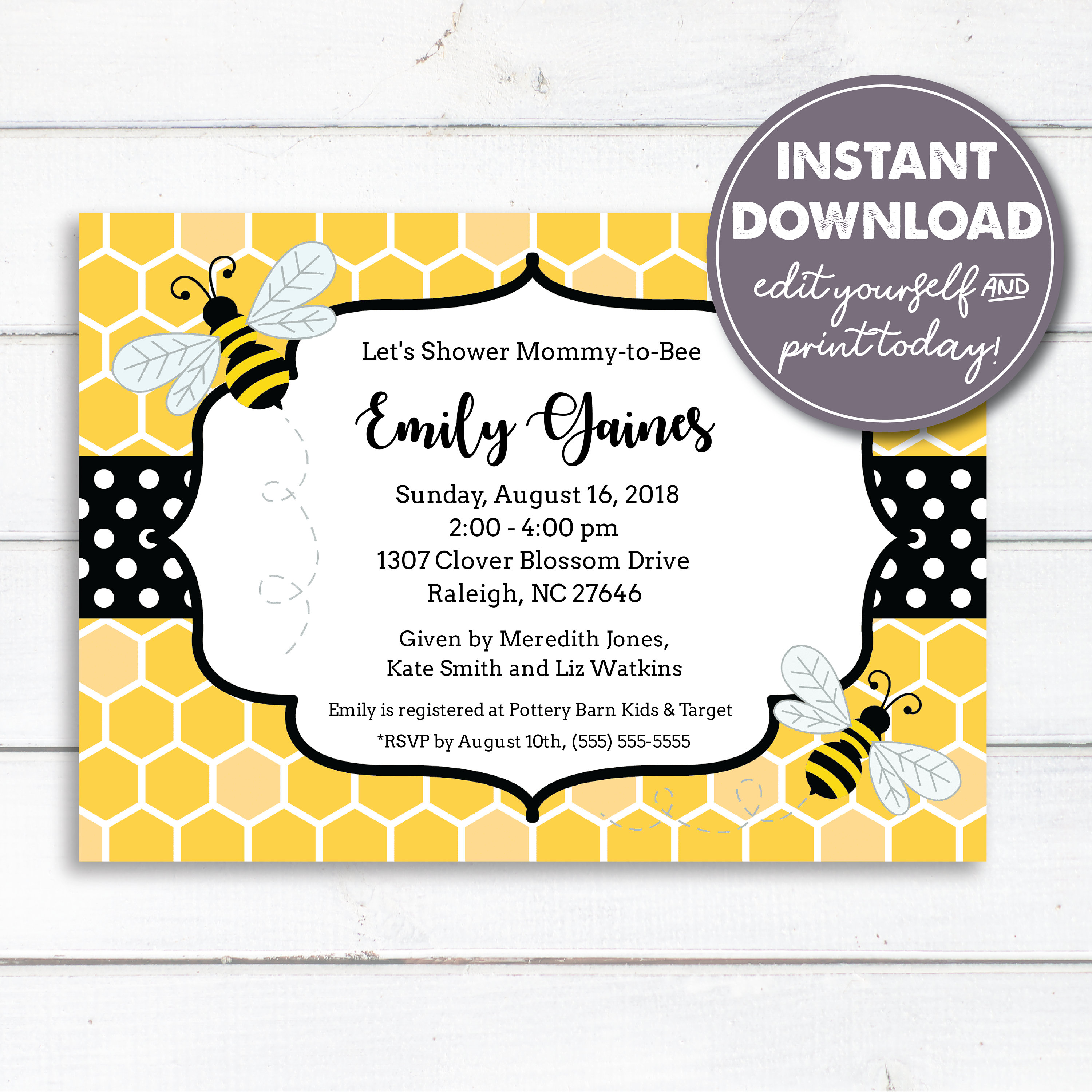 Editable Bumble Bee Baby Shower Invitation Mommy to Bee Shower