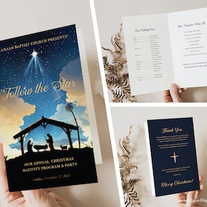 Modèle modifiable programme de Noël de l'église, programme plié de jeu de Noël de l'église, 5,5 x 8,5 po. plié, programme de crèche de Noël, ciel nocturne, 0373