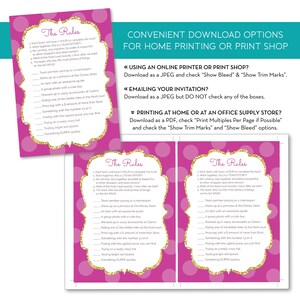May include: Two pink printable scavenger hunt game cards with gold glitter polka dots and the text "The Rules" at the top. The rules are listed in a numbered format. The cards are designed for a bachelorette party or bridal shower.
