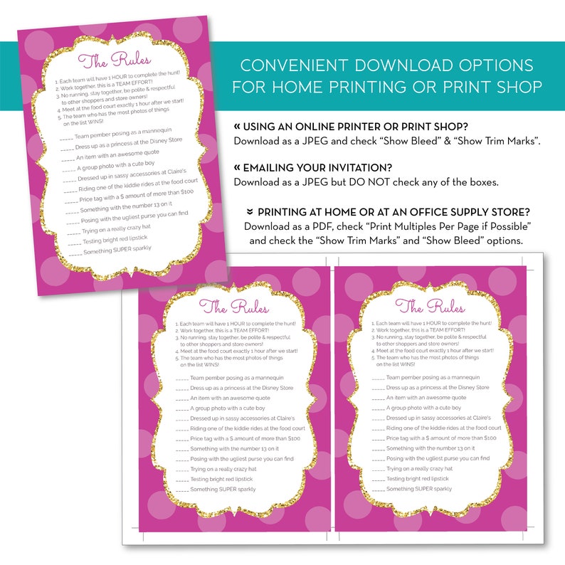 May include: Two pink printable scavenger hunt game cards with gold glitter polka dots and the text "The Rules" at the top. The rules are listed in a numbered format. The cards are designed for a bachelorette party or bridal shower.