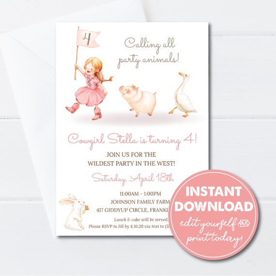 Editable Toddler Girl Birthday Party Invitation Template, Farm Animals, Cowgirl, INSTANT DOWNLOAD, Print or Email Your Invitation, 0126 Il_570xn