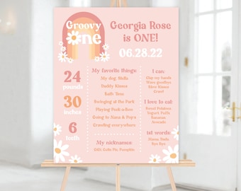 Editable Groovy One Baby Milestone Birthday Sign Template, 16x20 Poster, 1st Birthday, 70s Theme, Retro Rainbow, INSTANT DOWNLOAD! 0888