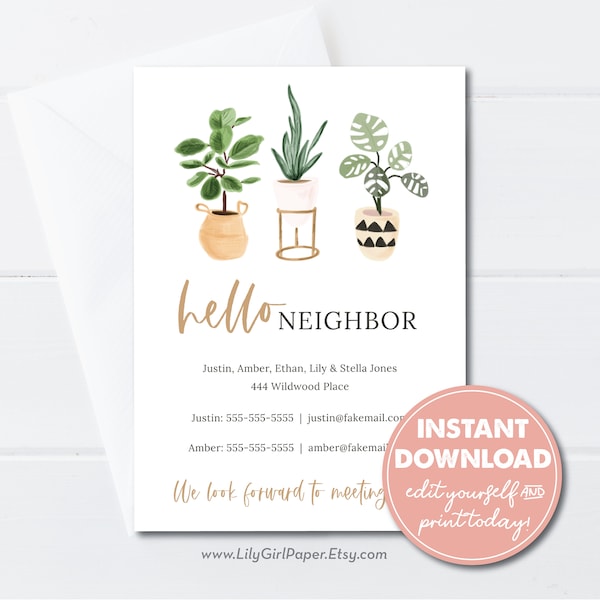 Editable Hello Neighbor Contact Info cards, New to the Neighborhood, Editable Template, Instant Download, New Neighbor Announcements, 0203