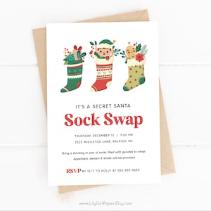 Secret Santa Sock Swap Party invitation Editable Template, Instant Download, Stocking Swap, Holiday Christmas Party Invitation, Friend Party