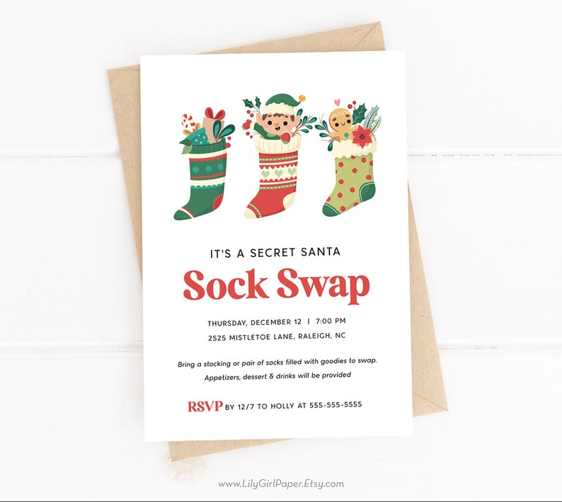 Secret Santa Sock Swap Party Invitation Editable Template - Etsy