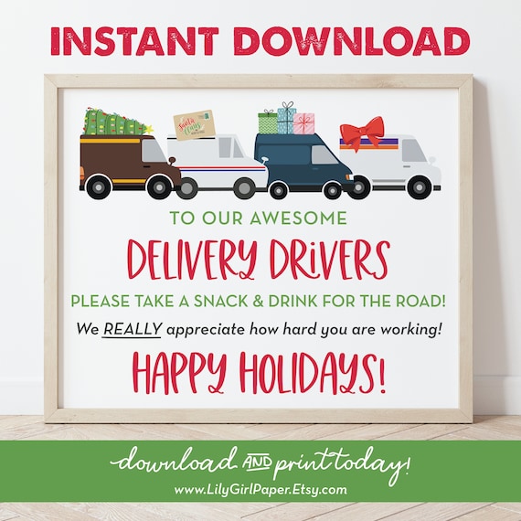 Happy Holidays Delivery Driver Snack & Drink Sign, Christmas Delivery, Mail Carrier, Thank You Sign, Take a Snack, Instant Download 0288 Il_570xn