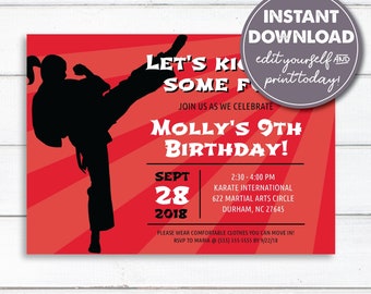 Puede incluir: Invitación de cumpleaños roja y blanca con una silueta de una niña dando una patada de karate. El texto dice "Let's Kick Some Fun! Join us as we celebrate Molly's 9th Birthday! Sept 28, 2018. 2:30-4:00 PM Karate International 622 Martial Arts Circle Durham, NC 27645. Please wear comfortable clothes you can move in! RSVP to Maria @ (555) 555-5555 by 9/22/18"