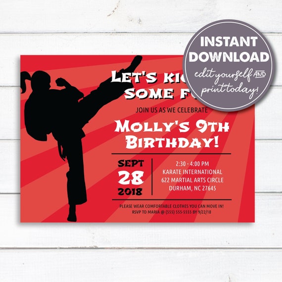 Editable Karate Girl Party Invitation Template, Tae Kwon Do, Martial Art Party, Instant Download, Printable, 0118 Il_570xn