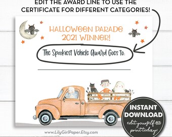 Editable Halloween Party/Parade Award Certificate, Instant Download, Best Costume Award, Spookiest Vehicle Award, Edit and Print today! 0233