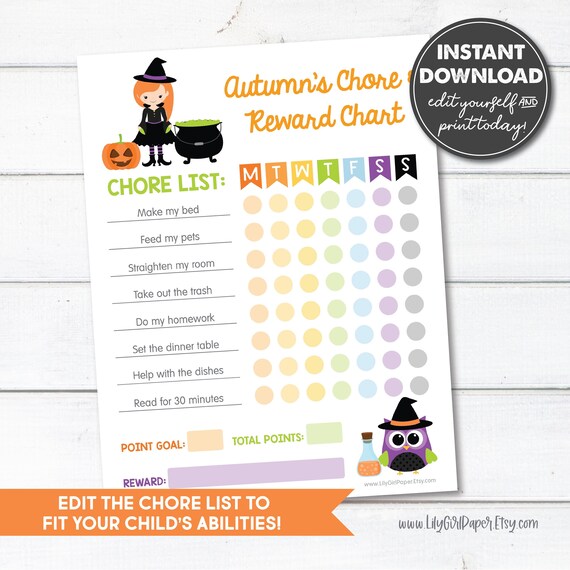 Editable Chore Chart for Kids, Halloween, Fall Season Reward Chart Template, Weekly Chore List, INSTANT DOWNLOAD! 0205 Il_570xn