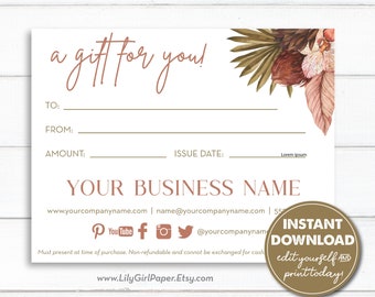 Business Gift Certificate Editable Template, Boho, Modern, Boutique, Spa, Instant Download, Printable Gift Voucher, Edit Yourself, 0600