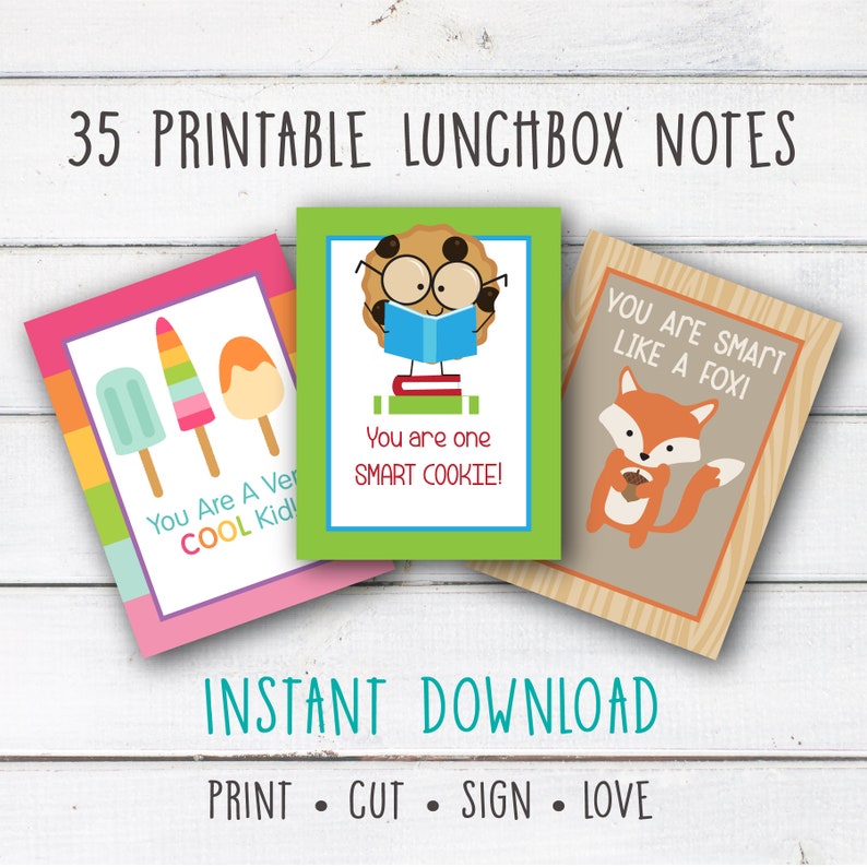 Lunchbox Love Notes, INSTANT DOWNLOAD, Printable Lunch box Cards, Preschool Lunch Bunch Notes, Elementary School Lunchbox Cards, Digital image 1