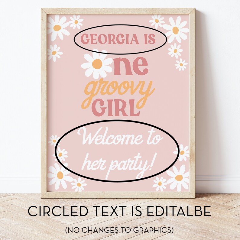 May include: A pink and white printable sign with daisies and the text "Georgia is one groovy girl. Welcome to her party!" The text in the circles is editable.