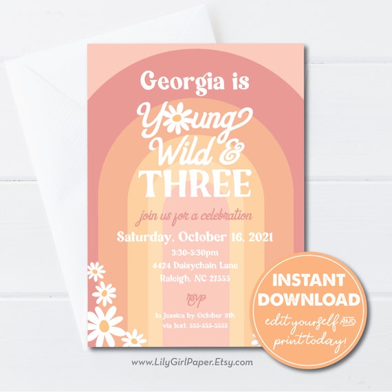 Editable Young Wild & Three, Girl's 3rd Birthday Party Invitation, 70s theme, Daisies, Rainbow, INSTANT DOWNLOAD, Edit, Download, Print 0317 Il_570xn