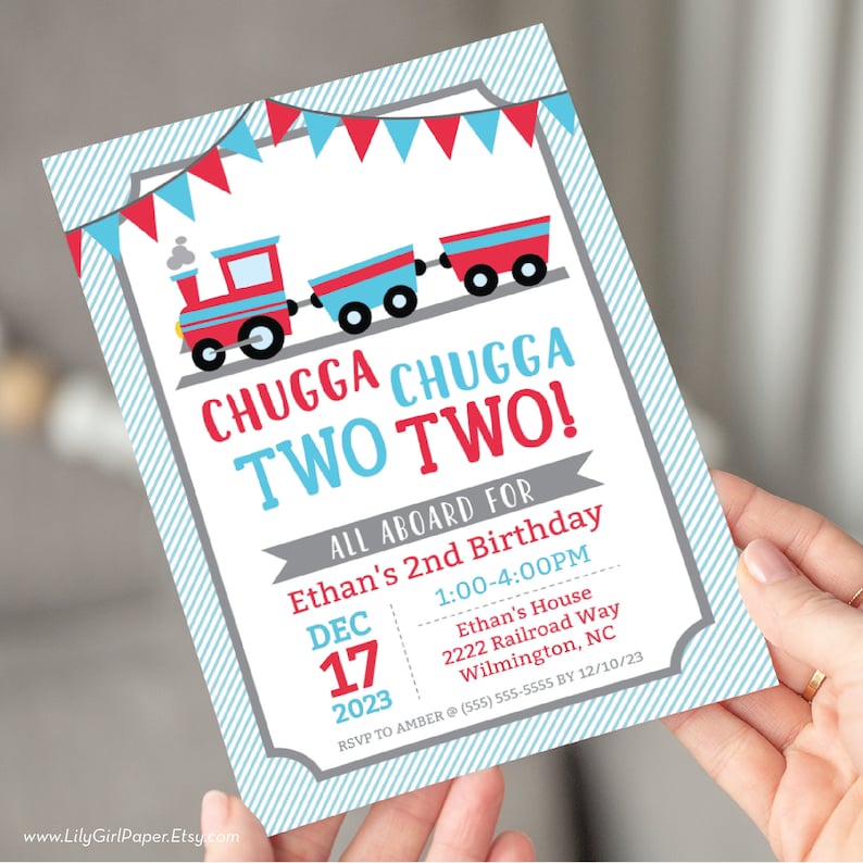 May include: A blue and red train themed birthday invitation with the text "Chugga Chugga Two Two!" and "All Aboard for Ethan's 2nd Birthday". The invitation includes the date December 17, 2023, the time 1:00-4:00 PM, and the location Ethan's House, 2222 Railroad Way, Wilmington, NC. The invitation also includes an RSVP number and deadline.